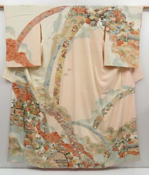 Photo1: 3009T11z890 Vintage Japanese Kimono Silk TSUKESAGE Chrysanthemum Light pink (1)