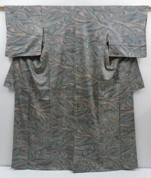 Photo1: 3002T04z990  Japanese Kimono Silk KOMON Stream Sage green (1)