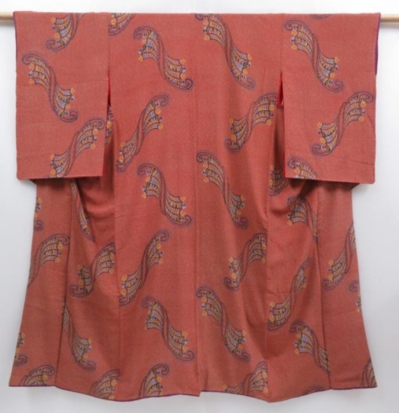 Photo1: 3002T11z600 Vintage Japanese Kimono Silk KOMON  Dark coral (1)