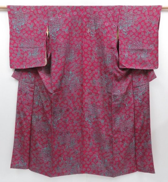 Photo1: 3002T13z460 Vintage Japanese Kimono Silk KOMON Shishi Wine red (1)