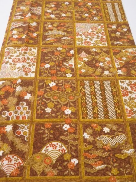 Photo1: 1I05z90  Japanese Kimono Crepe Silk  FABRIC Flowers Ochre 60.6x13.8 (1)