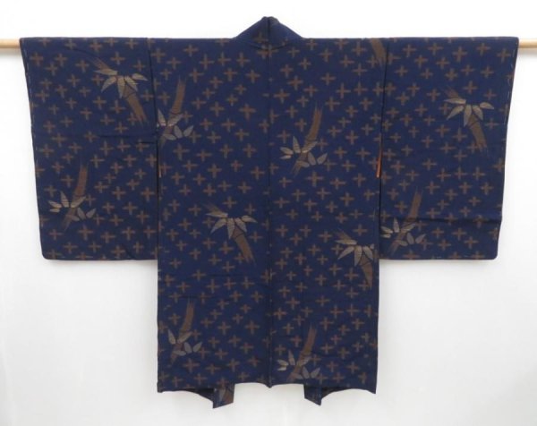 Photo1: 3012T10z650 Vintage Japanese Kimono Silk HAORI Bamboo Dark navy (1)