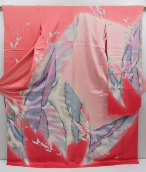 Photo1: 3013T07z1190  Japanese Kimono Silk FURISODE Butterfly Coral pink (1)