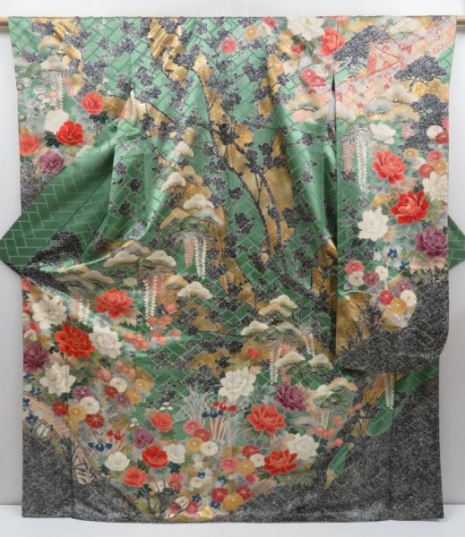 Photo1: 3014T03z1390  Japanese Kimono Silk FURISODE Peony Dull green (1)