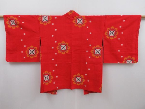 Photo1: 3015T06z340 Vintage Japanese Kimono Silk MEISEN HAORI Flower Tomato red (1)