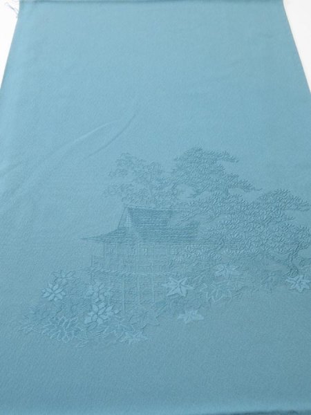 Photo1: 4J02z70  Japanese Kimono Silk  FABRIC Kiyomizudera Dull sea blue 44.9x14.6 (1)