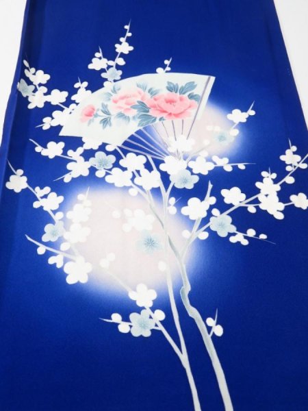 Photo1: 4J02z70  Japanese Kimono Silk  FABRIC Plum branch Dark blue 48.0x14.6 (1)