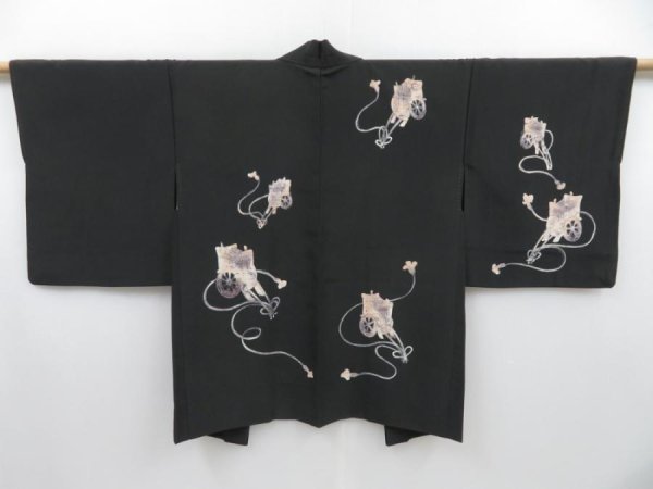 Photo1: 3023T09z590 Vintage Japanese Kimono Silk HAORI Royal cart Black (1)