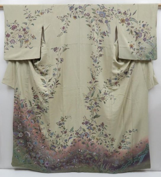 Photo1: 3023T10z1070  Japanese Kimono Silk TSUKESAGE Flowers Sage green (1)