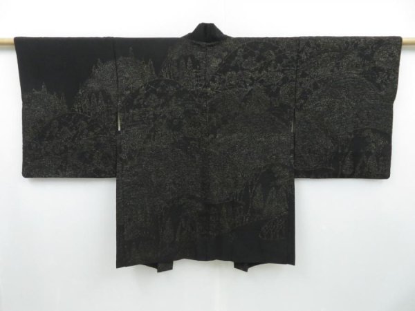 Photo1: 3023T12z680 Vintage Japanese Kimono Silk HAORI Mountain Black (1)