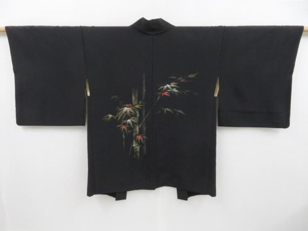 Photo1: 3121T17z570 Vintage Japanese Kimono Silk HAORI Bamboo Black (1)