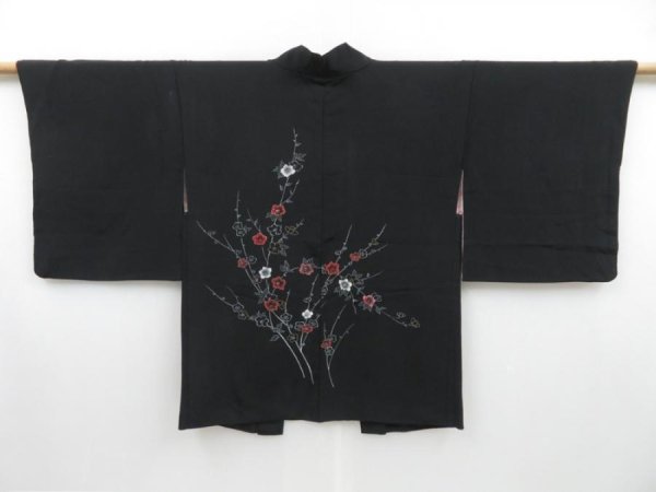 Photo1: 3127T11z500 Vintage Japanese Kimono Silk HAORI Plum blossom Black (1)