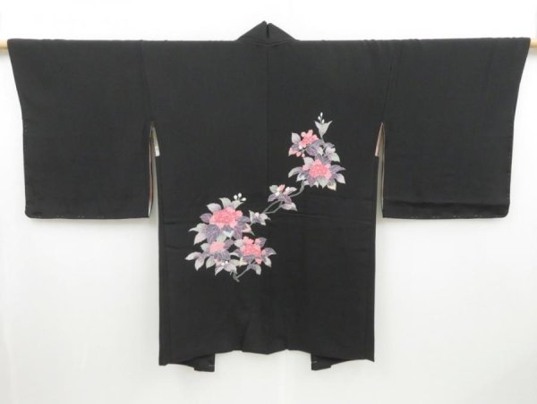 Photo1: 3128T01z590  Japanese Kimono Silk HAORI Hydrangea Black Yu-zen (1)