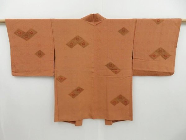 Photo1: 3128T06z600 Vintage Japanese Kimono Silk HAORI Flower Orange-Brown (1)