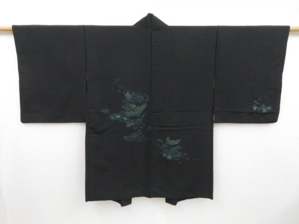 Photo1: 3128T11z580 Vintage Japanese Kimono Silk HAORI Flowers Black (1)