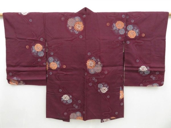 Photo1: 3131T11z720 Vintage Japanese Kimono Silk HAORI Chrysanthemum Dark grape (1)