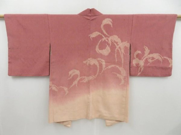 Photo1: 3201T11z600 Vintage Japanese Kimono Silk HAORI Wave Coral pink (1)