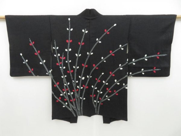 Photo1: 3202T06z550 Vintage Japanese Kimono Silk HAORI Flower Black (1)