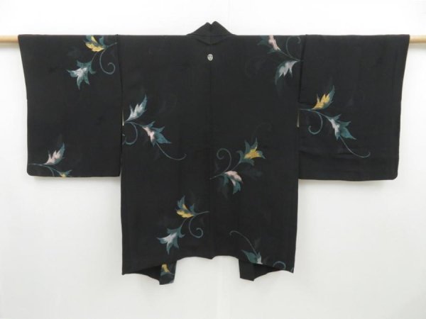 Photo1: 3203T02z560 Vintage Japanese Kimono Silk HAORI Leaf Black (1)