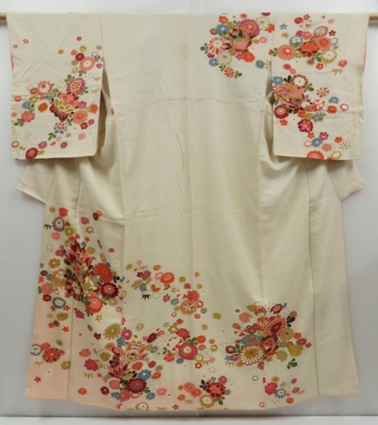 Photo1: 3203T08z740 Vintage Japanese Kimono Silk TSUKESAGE Flowers Off-white (1)