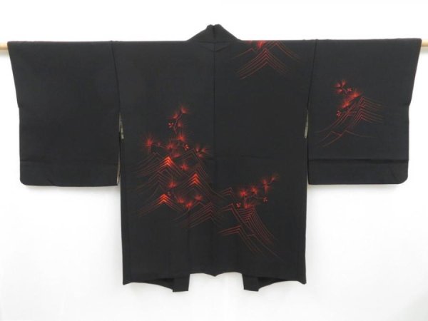 Photo1: 3210T12z590 Vintage Japanese Kimono Silk HAORI Pine Black (1)