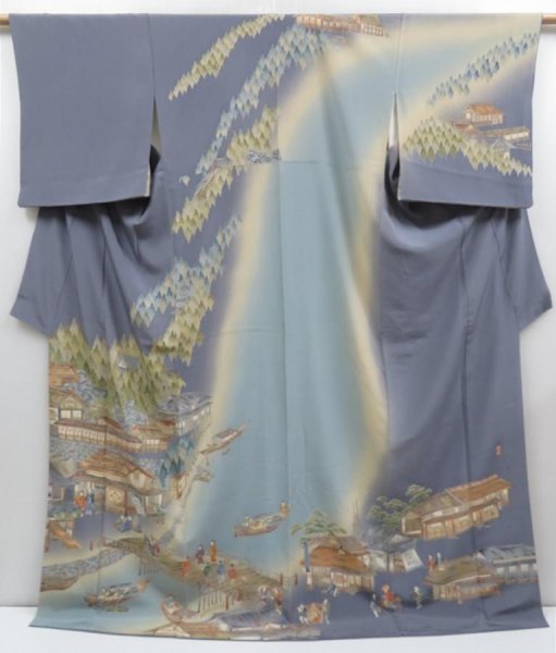 Photo1: 3217T01z1100  Japanese Kimono Silk TSUKESAGE Old scenery Ash purple (1)