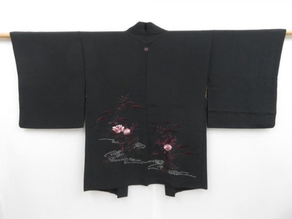 Photo1: 3223T03z570 Vintage Japanese Kimono Silk HAORI Flowers Black (1)