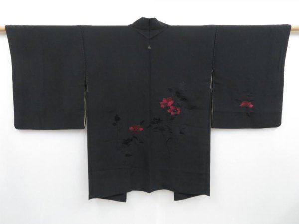 Photo1: 3223T10z590 Vintage Japanese Kimono Silk HAORI Flower Black Embro (1)