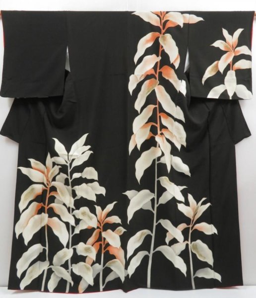 Photo1: 3311T02z1000 Vintage Japanese Kimono Silk TSUKESAGE Leaf Black (1)