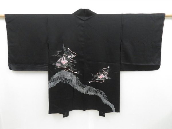 Photo1: 3311T03z630  Japanese Kimono Silk HAORI Folding fan Black (1)