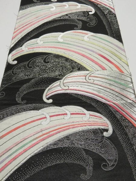 Photo1: 1E01z240  Japanese Kimono Silk Obi FABRIC material Tidal wave Black 54.3x12.2 (1)