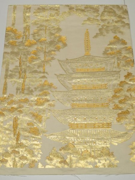 Photo1: 1E03z60  Japanese Kimono Silk Obi FABRIC material Tower 15.0x12.0 (1)