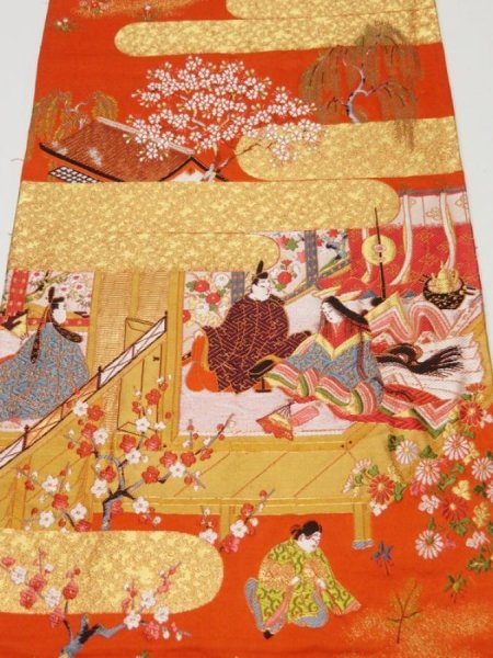 Photo1: 1E02z250  Japanese Kimono Silk Obi FABRIC material Imperial court 48.8x11.8 (1)