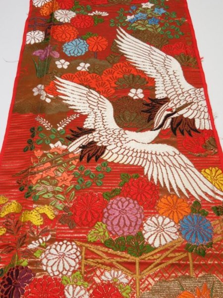 Photo1: 1E05z240  Japanese Kimono Silk UCHIKAKE FABRIC Crane Orange-Red 68.5x14.2 (1)