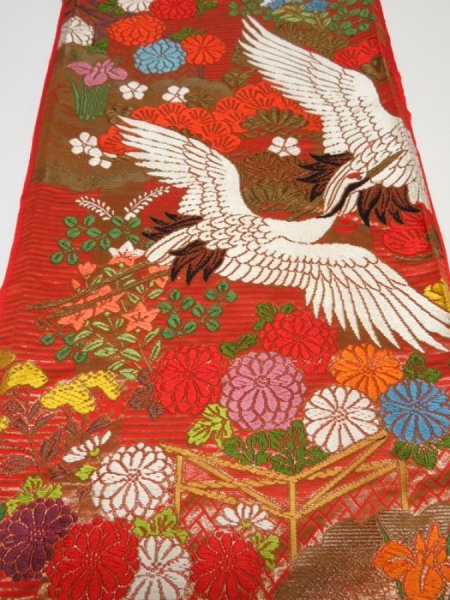 Photo1: 1E07z250  Japanese Kimono Silk UCHIKAKE FABRIC Crane Orange-Red 74.0x14.2 (1)