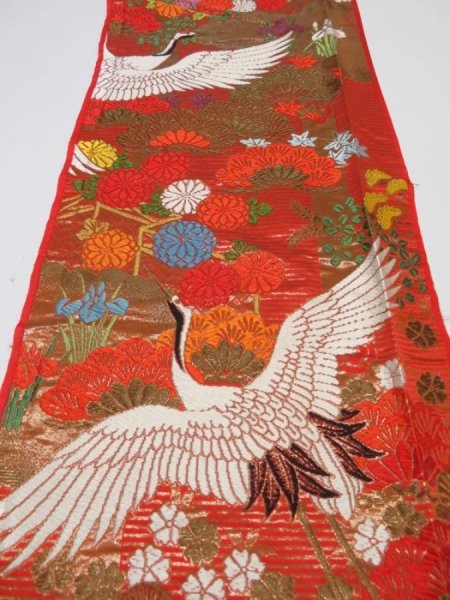 Photo1: 1E08z260  Japanese Kimono Silk UCHIKAKE FABRIC Crane Orange-Red 77.2x14.2 (1)