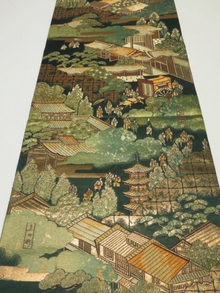 Photo1: 1E01z180  Japanese Kimono Silk Obi FABRIC material Heian scenery 52.8x12.2 (1)