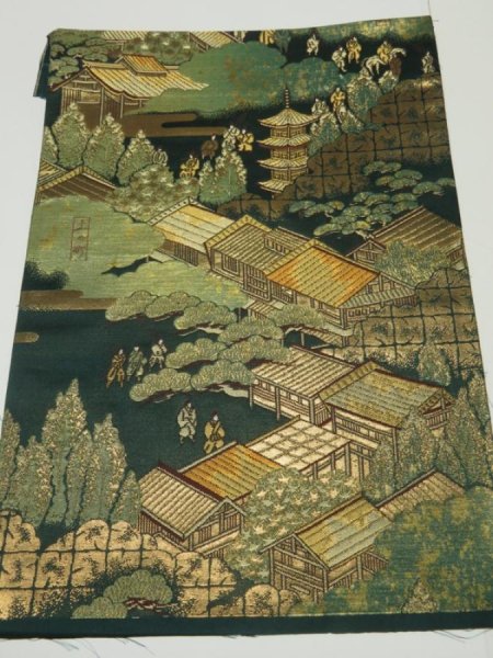 Photo1: 1E03z60  Japanese Kimono Silk Obi FABRIC material Heian scenery 16.5x12.2 (1)