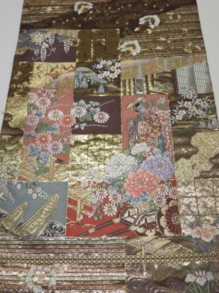 Photo1: 1E02z240  Japanese Kimono Silk Obi FABRIC material Maiko Gold 52.8x12.2 (1)