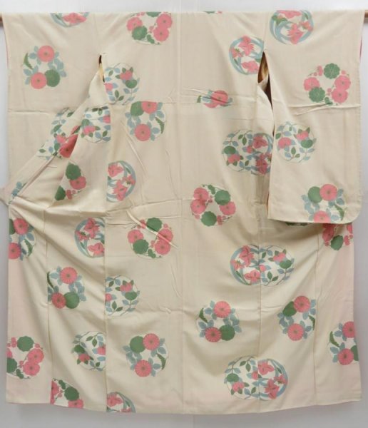 Photo1: 3312T02z1020 Vintage Japanese Kimono Silk FURISODE Flowers Off-white (1)