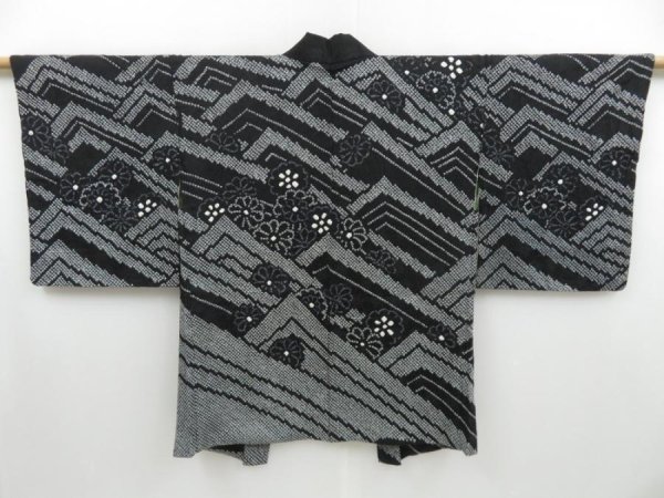 Photo1: 3312T05z590  Japanese Kimono Silk SHIBORI HAORI Wave Black (1)