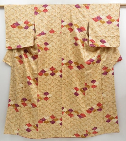 Photo1: 3312T09z750  Japanese Kimono Silk KOMON Chrysanthemum Dark champagne (1)