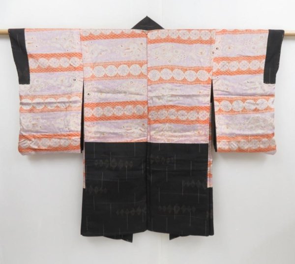 Photo1: 3313T05z420 Vintage Japanese Kimono Silk LONG HAORI  Black (1)