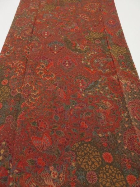 Photo1: 4A05z100  Japanese Kimono Crepe Silk  FABRIC Butterfly Red-Brown 60.6x13.4 (1)