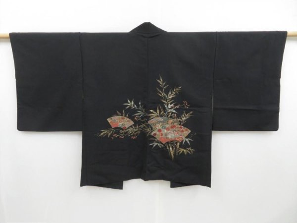 Photo1: 3326T07z580 Vintage Japanese Kimono Silk HAORI Jigami Black (1)