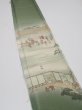 Photo1: 4J06z40  Japanese Kimono Silk  FABRIC Edo era scenery Grass green 46.5x7.1 (1)