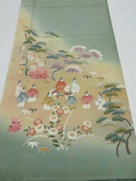 Photo1: 4K03z80  Japanese Kimono Silk  FABRIC Noble Opal Green 47.2x14.6 (1)