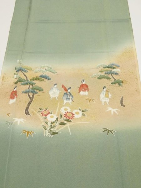 Photo1: 4K04z80  Japanese Kimono Silk  FABRIC Noble Opal Green 48.8x14.6 (1)