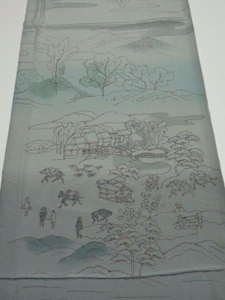 Photo1: 4K02z60  Japanese Kimono Silk  FABRIC Edo era scenery Blue-Gray 41.7x15.0 (1)