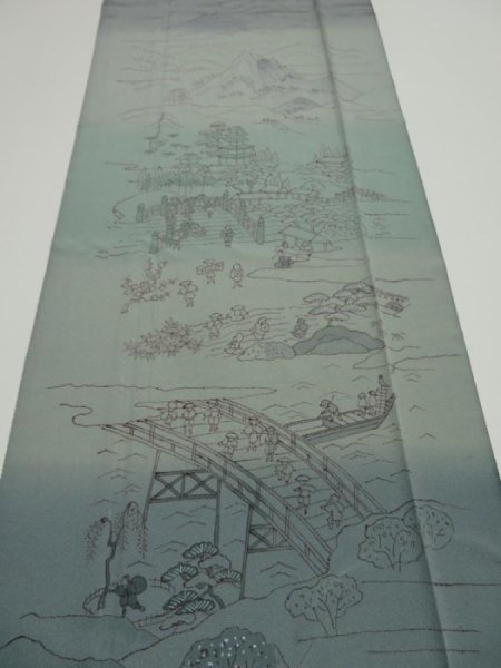 Photo1: 4K03z90  Japanese Kimono Silk  FABRIC Edo era scenery Blue-Gray 71.7x15.0 (1)